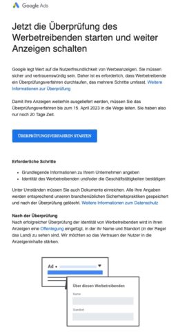 Aufrufgrafik von Google zur Überprüfung des Werbebetreibden